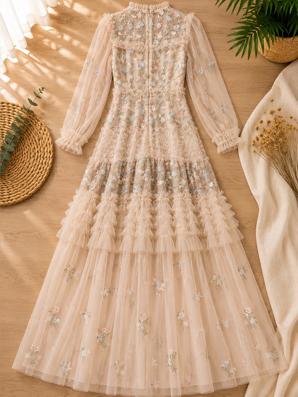 Women’s Cream Floral Embroidered Tiered Tulle Maxi Dress